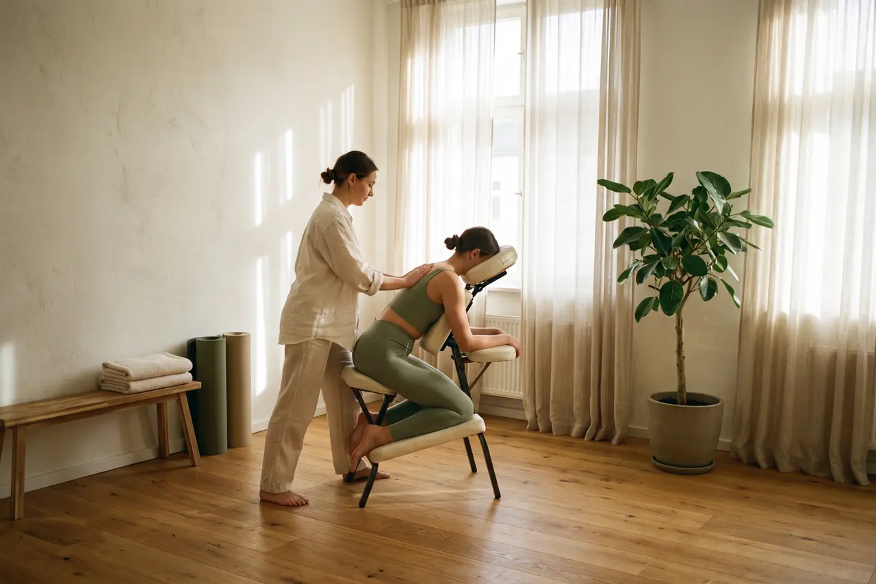 Nacken- und Schultermassage auf einem Massagestuhl in einem hellen Studio